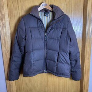 Athleta Womens Brown Puffer Jacket With Striped Lining & Zippered Pockets Size M